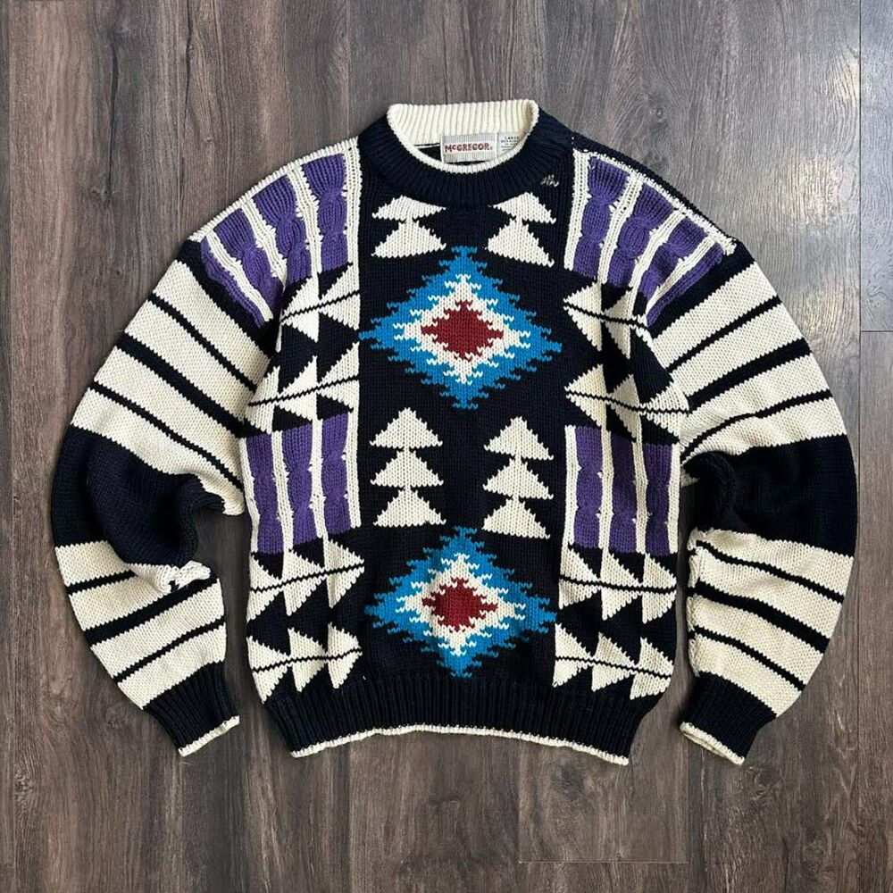 Vtg McGregor Knit Sweater Geo Abstract Native Print Pullover Crewneck Sz Large - Picture 1 of 7